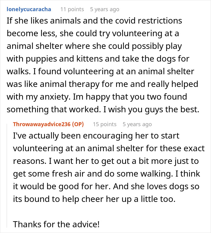 Reddit conversation about encouraging a depressed girlfriend to volunteer at an animal shelter for mental health and activity. Reddit conversation about encouraging a depressed girlfriend to volunteer at an animal shelter for mental health and activity.