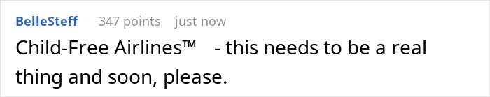 Comment highlighting support for child-free airlines amid rude family trying to bully lady out of plane seat.