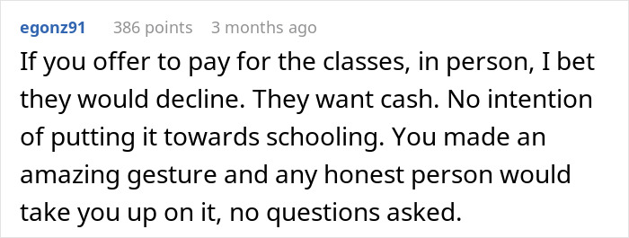 Screenshot of a Reddit comment discussing a woman upset her friend offered a favor instead of cash.
