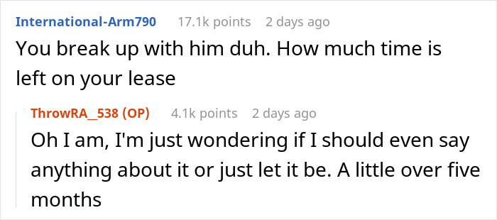 Screenshot of a conversation discussing breakups, lease duration, and issues in boyfriend dating relationships.