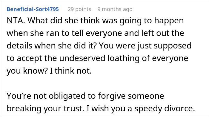 Comment discussing a woman kissing another man and family conflict over husband divorcing her for one kiss.