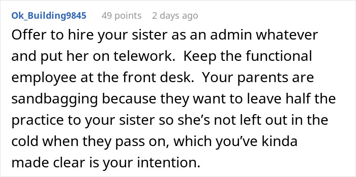 Comment discussing doctor refusing to rehire sister after $40,000 loss and parents reacting strongly to situation.