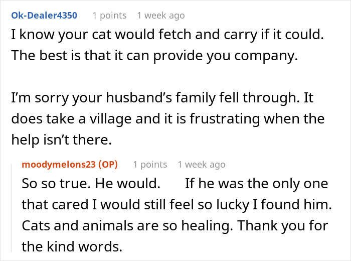 Online conversation showing support for woman with two kids struggling after surgery without family help.