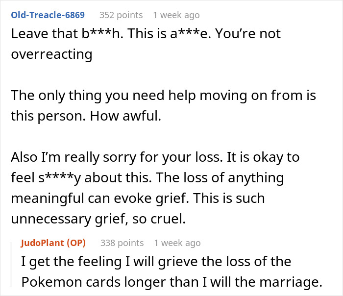 Reddit comments discussing a wife under fire for getting rid of husband's Pok&eacute;mon card collection.
