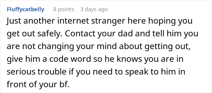 Comment text offering advice to safely escape an abusive relationship with boyfriend who destroyed girlfriend&rsquo;s grandma&rsquo;s jewelry box.