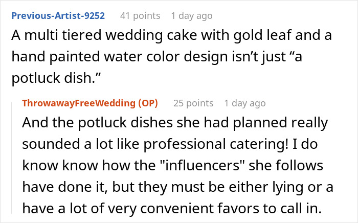 Screenshot of a Reddit discussion about a bride attempting an elaborate wedding without spending a cent and facing reality.