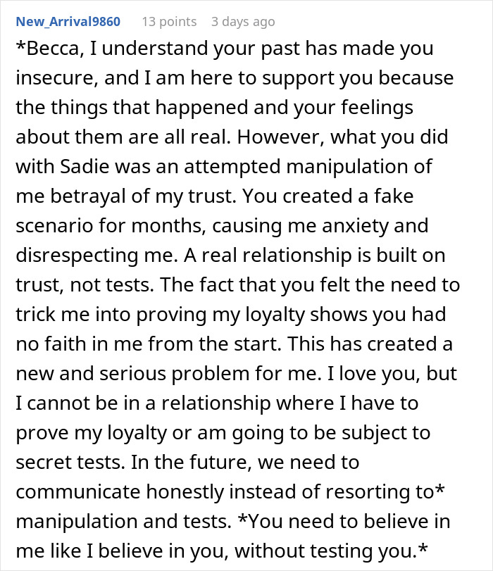 Man expresses frustration over girlfriend&rsquo;s loyalty test, emphasizing trust and honesty in relationships over secret tests.