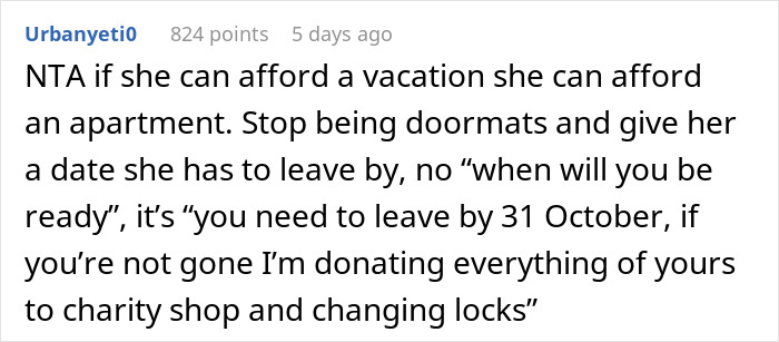 Comment on a forum arguing a homeless friend mooching off a couple should be given a strict eviction deadline.