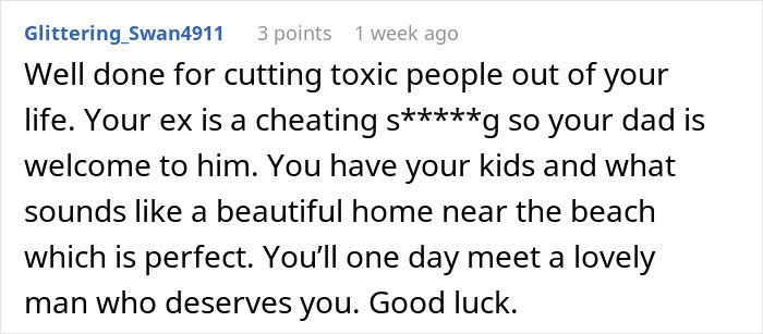 Screenshot of a comment discussing a man siding with his daughter&rsquo;s cheating ex during divorce and calling him the son he always wanted.