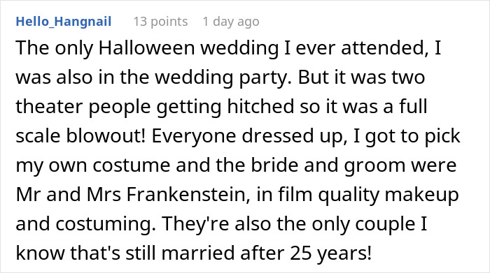 Comment sharing a memorable Halloween wedding experience with the bride and groom dressed as Mr and Mrs Frankenstein.