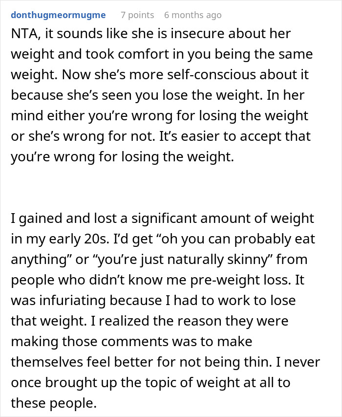 Screenshot of an online comment discussing insecurity and self-consciousness about weight loss among coworkers. Screenshot of an online comment discussing insecurity and self-consciousness about weight loss among coworkers.