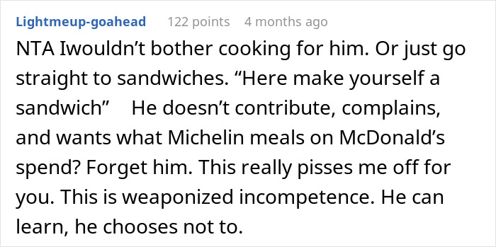 Comment discussing husband yelling at wife for cooking the same dish after limiting ingredient purchases, expressing frustration.
