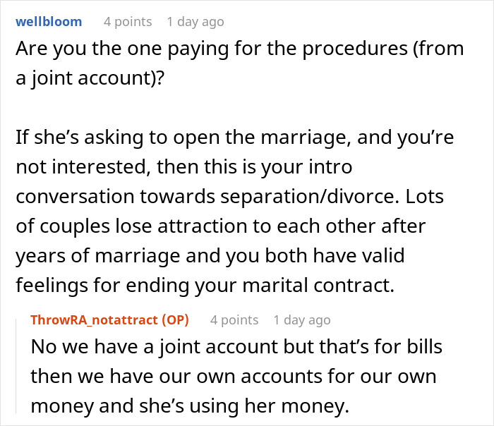 Comments discussing husband unattracted to wife after plastic surgery, addressing finances and marriage separation talks.