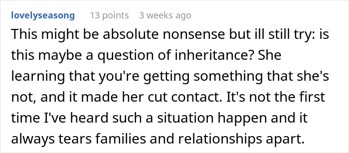 Reddit comment discussing sibling cut off, blocked on Instagram, and parents ignoring family issues for years.