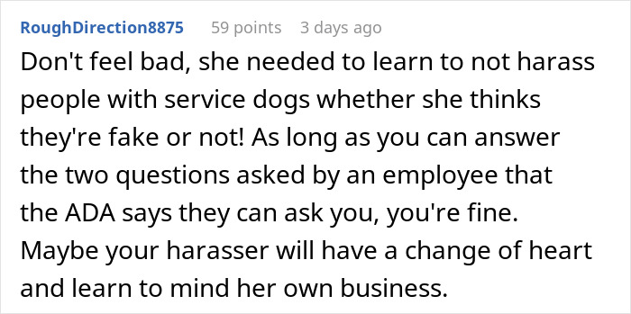 Screenshot of an online comment discussing service dog fraud and harassment of shoppers with service dogs.