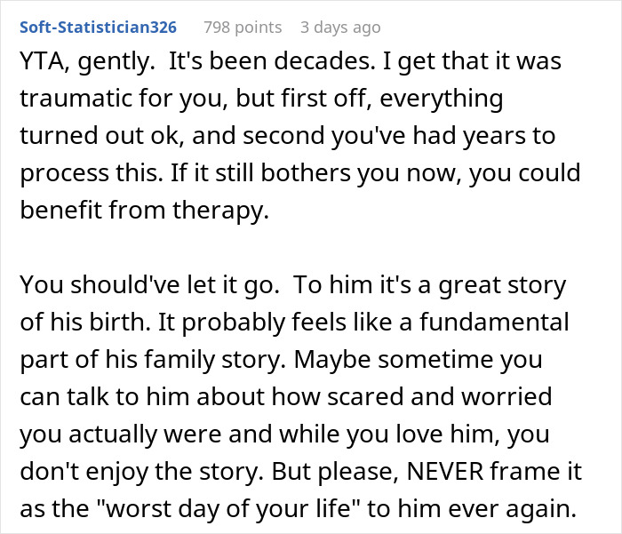 Comment advising a woman to avoid making her brother feel hated after he thanks her for delivering him, suggesting therapy and open communication.