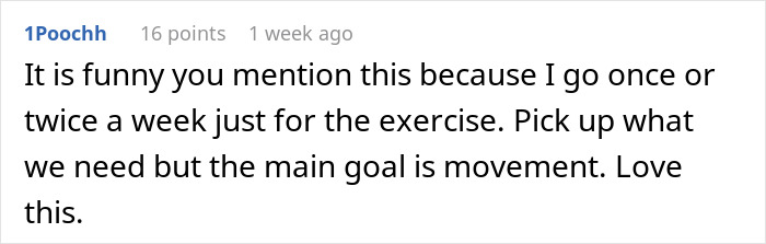 Screenshot of an online comment discussing exercise habits and the goal of movement for weight loss motivation.