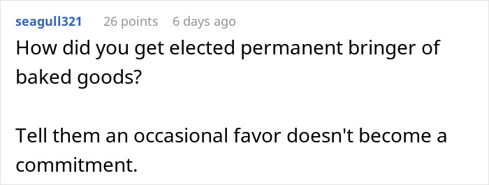 Screenshot of a forum comment discussing workplace awkwardness over baking for colleagues after a nickname incident.