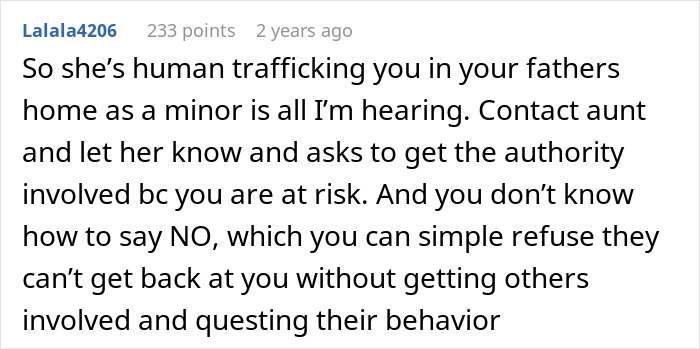 Comment discussing dangers of stepmother control in family relationship and advising to seek authority intervention. Comment discussing dangers of stepmother control in family relationship and advising to seek authority intervention.