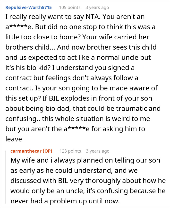 Reddit discussion about a guy helping sister-in-law conceive using IVF and the family drama over bio dad claims.