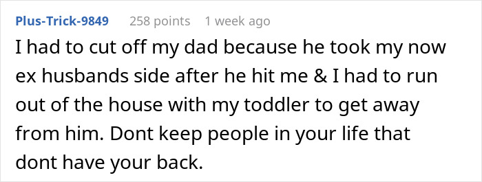Reddit comment about a man siding with daughter&rsquo;s cheating ex during divorce, causing family conflict and estrangement.