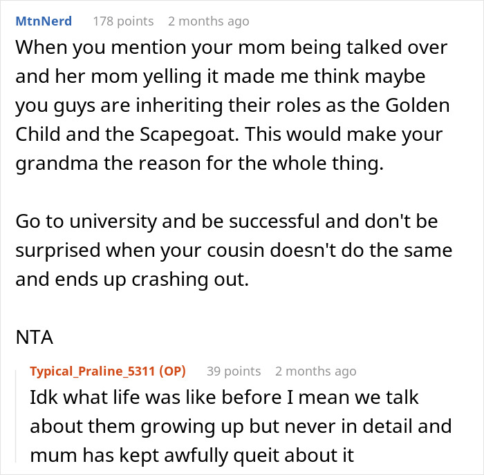 Reddit comment discussing golden child cousin dynamics and teen losing patience at family celebration conflict.