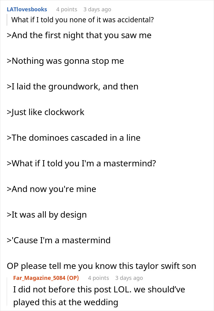 Text conversation discussing a woman staging her apartment to impress a guy, later admitting it at their wedding.