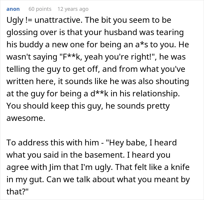 Alt text: Screenshot of a comment discussing a husband admitting to his wife that she is ugly and relationship dynamics.