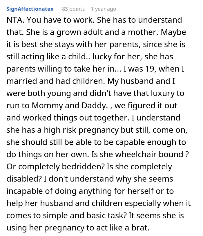 Comment discussing a man snapping at his pregnant bedridden wife for being too needy during his work meeting.