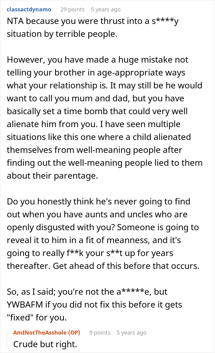 Screenshot of a Reddit comment discussing the consequences of not telling a son the truth about his real parents.