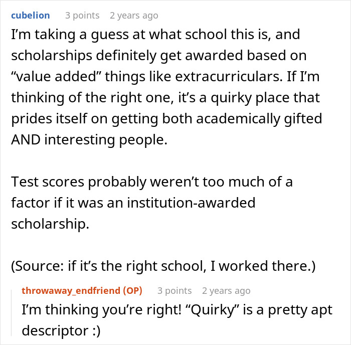 Commenters discussing scholarships and quirky schools that value academically gifted and interesting students over test scores.