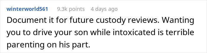 Screenshot of a social media comment criticizing a father's decision to drive intoxicated, highlighting concerns about parenting and custody.