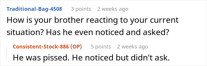 Screenshot of an online discussion about a brother&rsquo;s reaction and sister venting about a useless bro conflict.