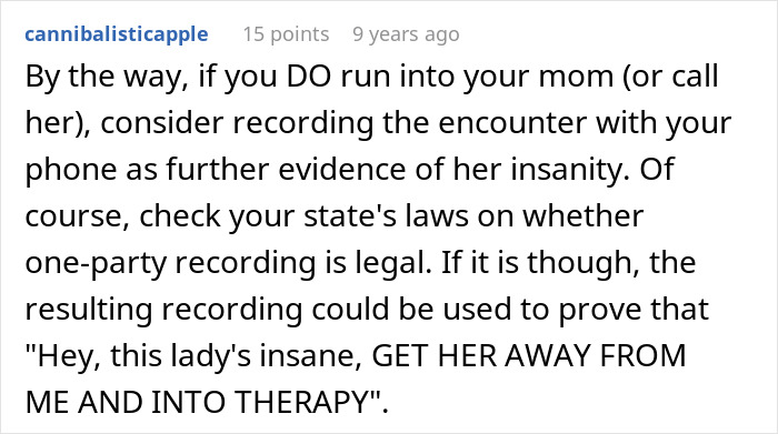 Screenshot of a forum comment advising to record encounters for evidence in a parents lied food allergies daughter no contact case.