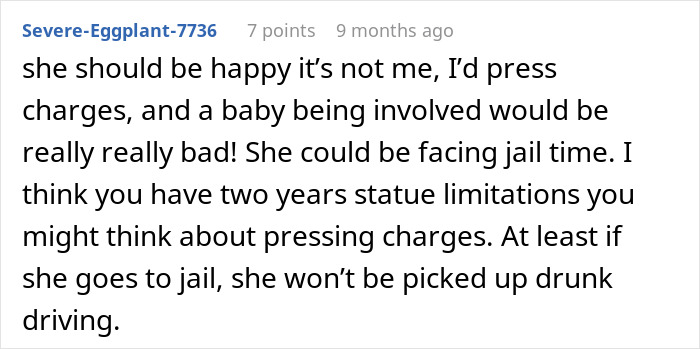 Reddit comment discussing legal consequences after pregnant woman goes no-contact with sister following Thanksgiving disaster.
