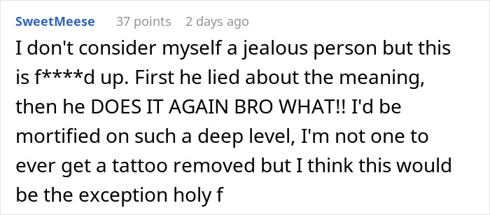 Screenshot of a Reddit comment discussing regret and shock over a woman couple tattoo related to a boyfriend ex.