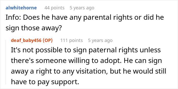 Reddit conversation discussing parental rights after husband leaves due to challenges with deaf baby, blaming wife.