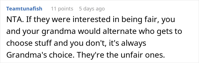 Screenshot of a forum comment discussing unfairness in sharing a birthday with grandma, highlighting family drama and venting.