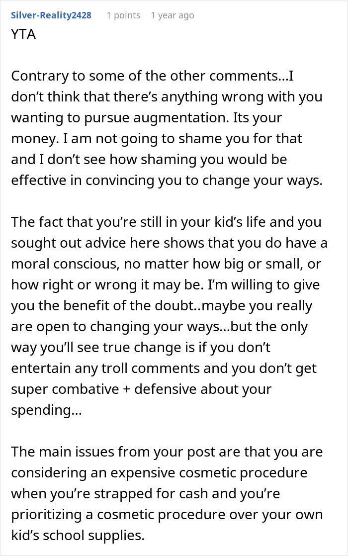 Commenter discussing single mom spending thousands on plastic surgery and facing harsh reality about support and priorities.
