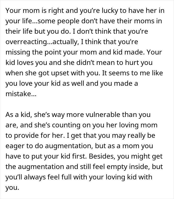 Text excerpt discussing a single mom&rsquo;s choice of plastic surgery and the challenges of putting her kid first.