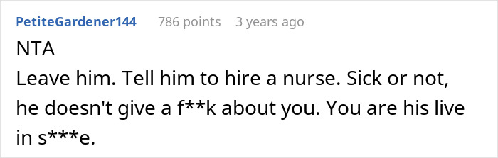 Alt text: Screenshot of a Reddit comment advising a wife to leave her husband who refuses to use diapers or catheter.