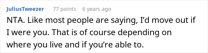 Comment from user JuliusTweezer discussing sibling refusing to keep paying rent to parents after discovering sister lives rent free.