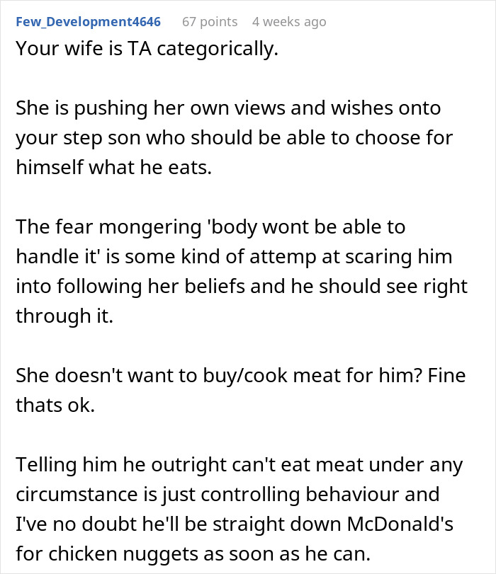 Comment discussing a man prepared to fight for stepson's diet change despite mom opposing it.