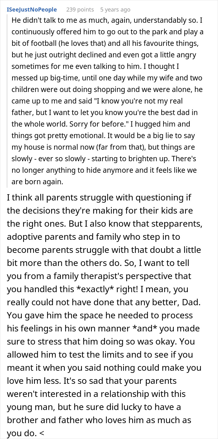 Text post discussing a guy wondering whether to tell his son the harsh truth about his real parents.
