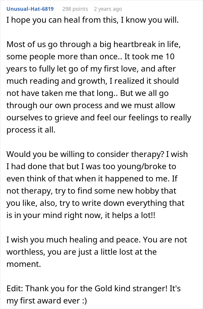 Comment sharing advice on healing from heartbreak after man learns fianc&eacute;e is in love with her friend and was a placeholder.