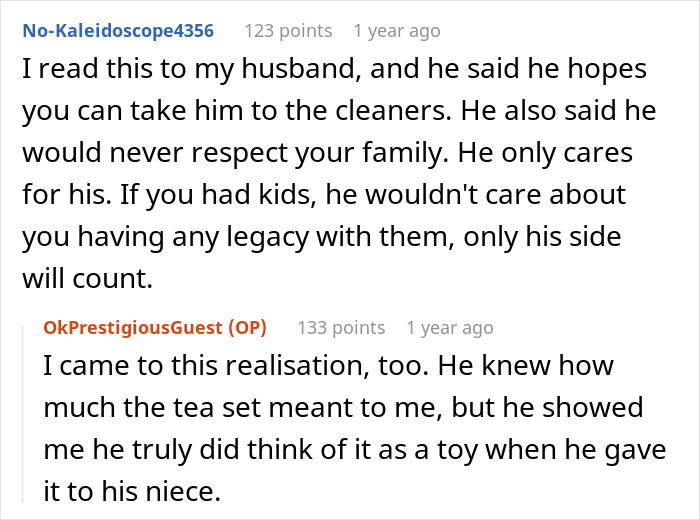 Conversation about man ruining marriage by stealing wife's tea set and giving it to niece, highlighting betrayal and family conflict.