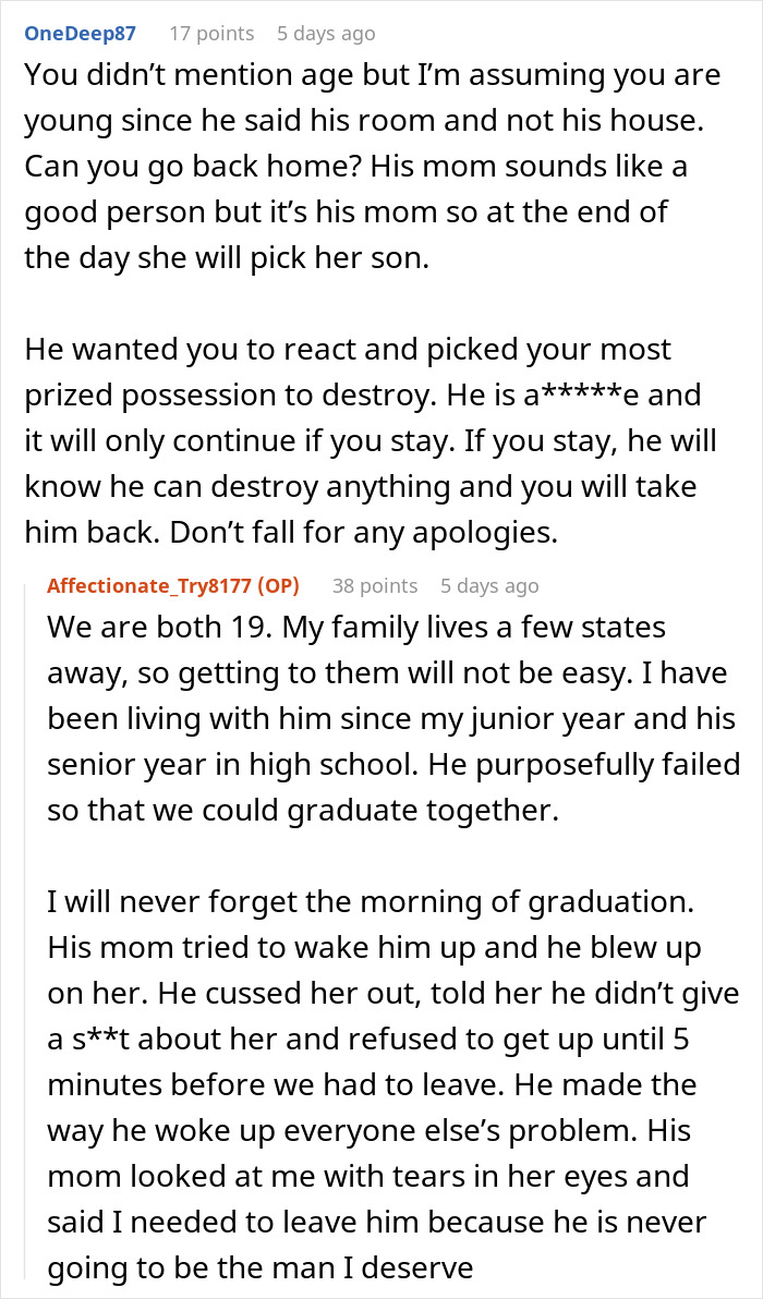 Screenshot of an online advice forum discussing a boyfriend who destroyed a girlfriend&rsquo;s prized jewelry box.