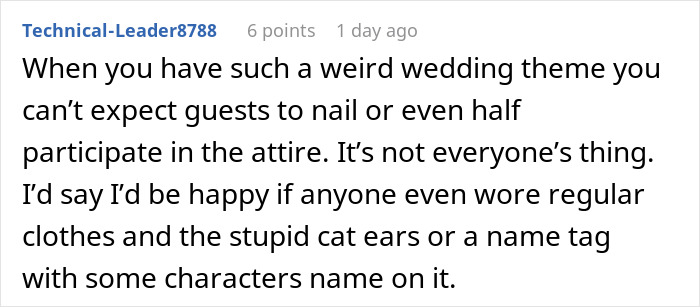 Comment from a user expressing disappointment and frustration about guests not fully participating in a Halloween wedding theme.