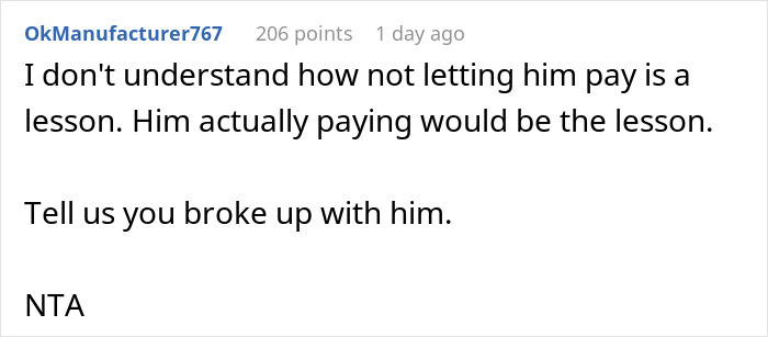 Commenter discussing opinions on paying expenses, relating to boyfriend covering birthday trip costs and girlfriend's role revealed.