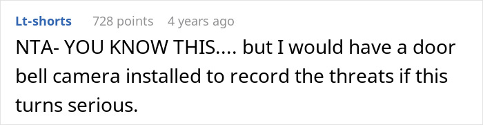 Screenshot of an online comment advising to install a doorbell camera to record threats from a neighbor over Halloween decor.